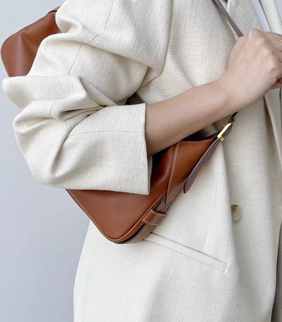 Thumbnail: Golden harware white stitched caramel calf leather hobo shoulder + crossbody bag