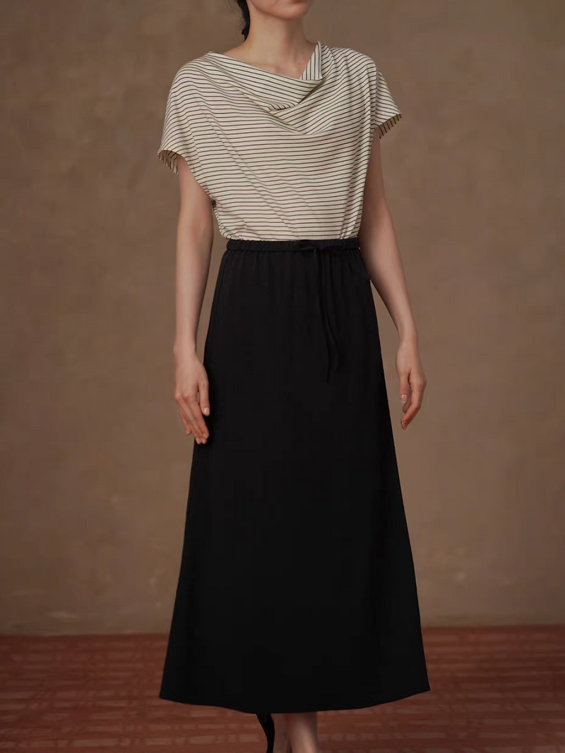 Striped ivory asymmetric drape collar cotton tee / blouse 3