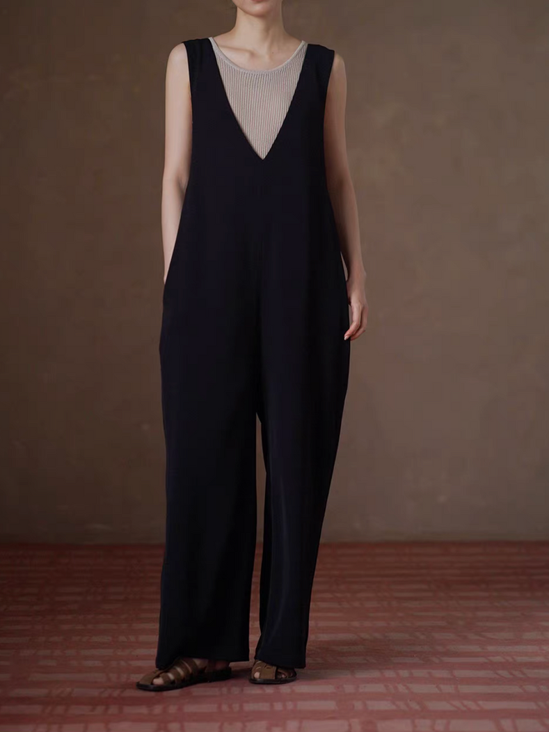 Back knot dark navy poly rayon front V romper 2