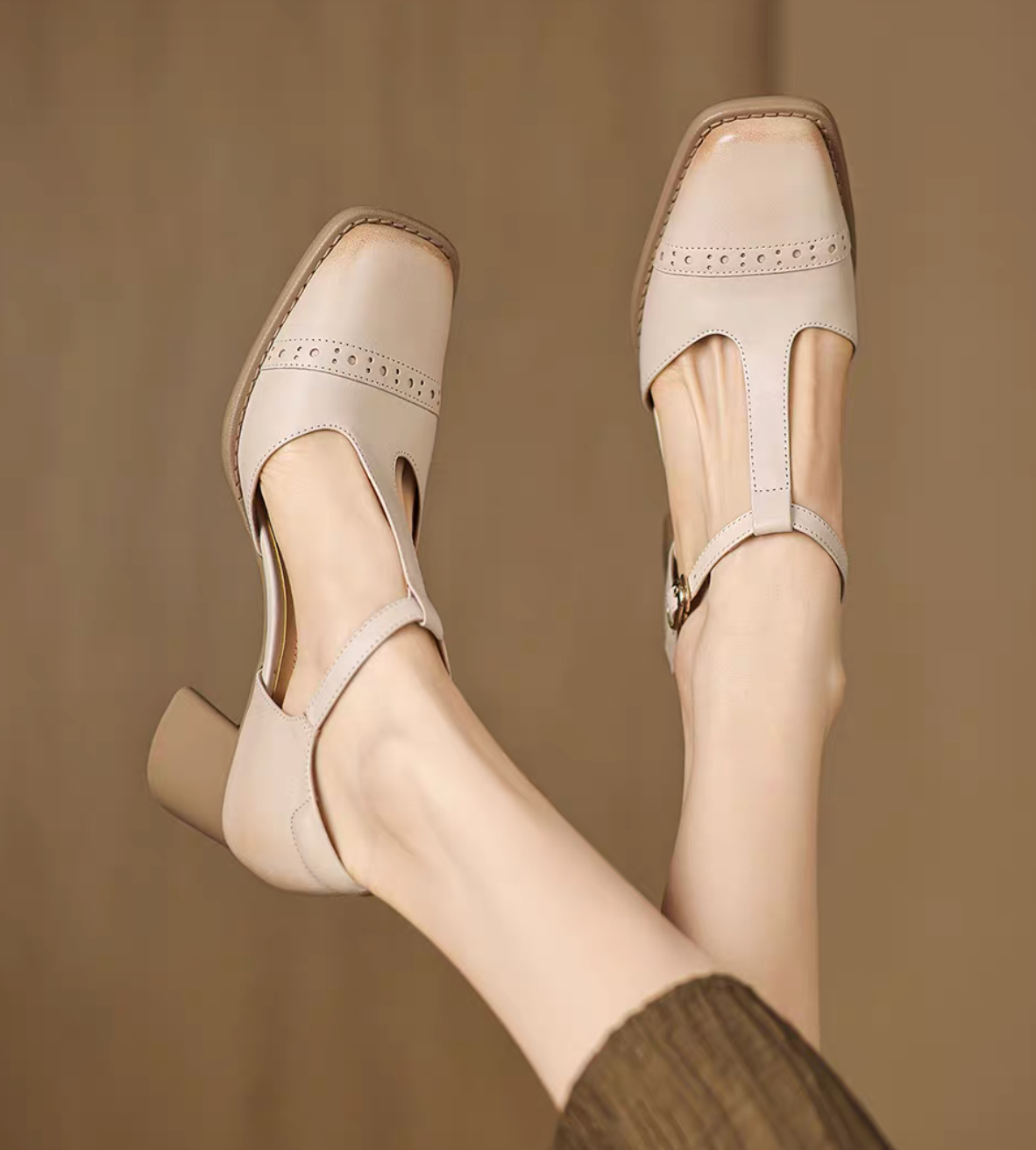 Lambskin square toe brogue chunky heel T strap Mary Janes