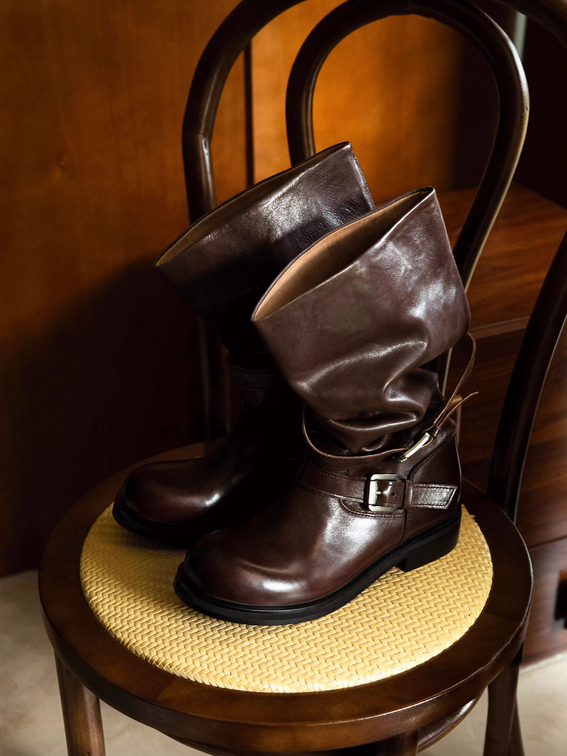 Made in Italy Italian brushed off calf leather double buckles straps knee boots 5