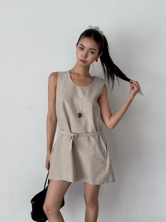 Linen poly cotton belted U neck midi sleeveless dress 6