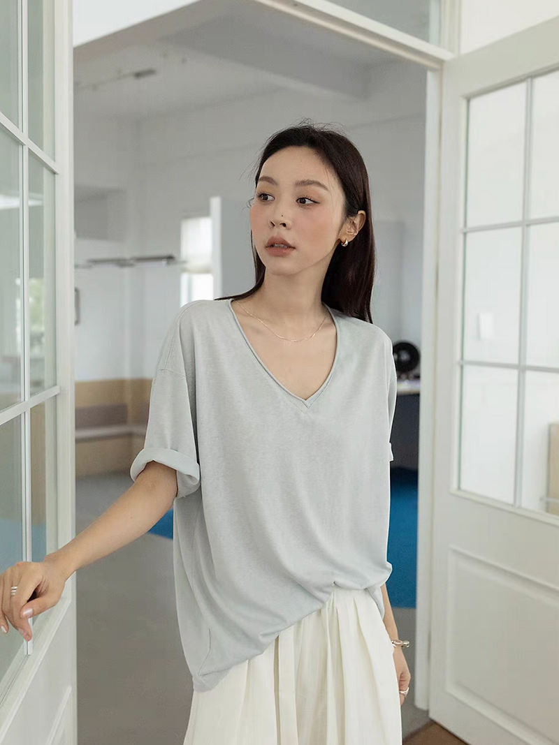 V neck pure cotton boyfriend mid length tee 5