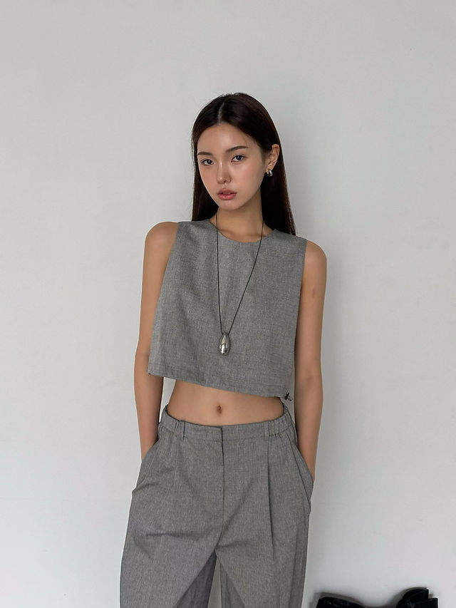 Side drawstring cotton rayon spandex cropped back zipper vest 12