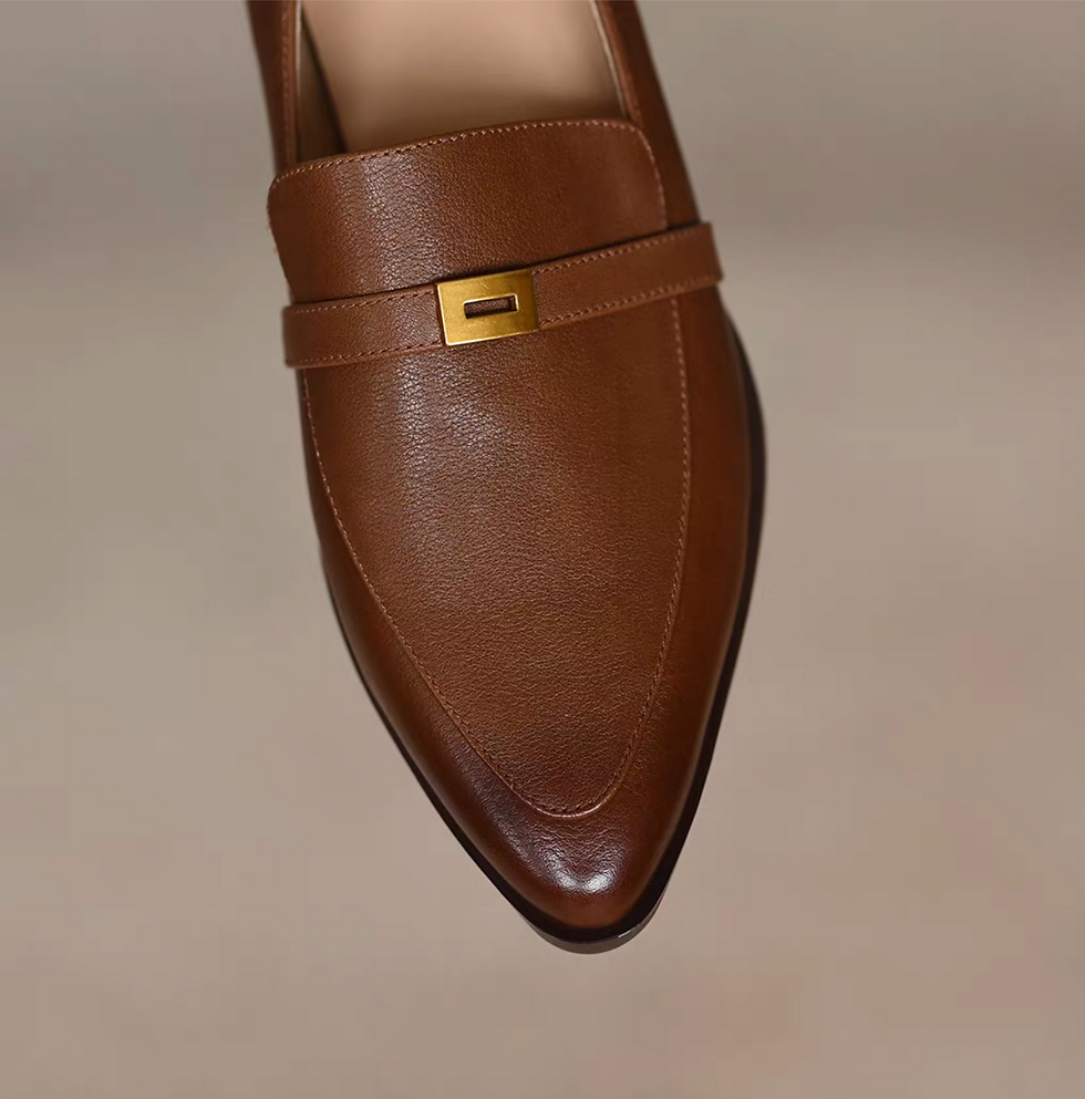 Thumbnail: Calf leather pointy penny saver metal plate brushed off loafers