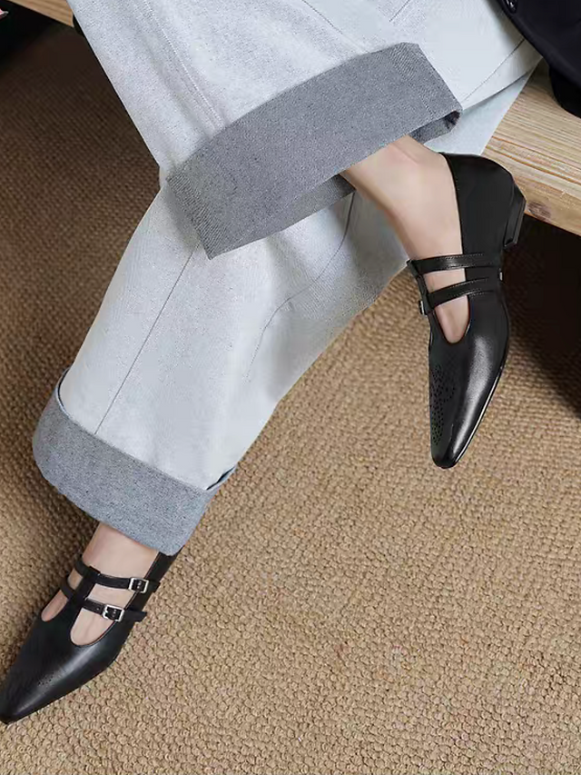 Brushed off pointy calf leather double adjust straps brogue Mary Janes 9