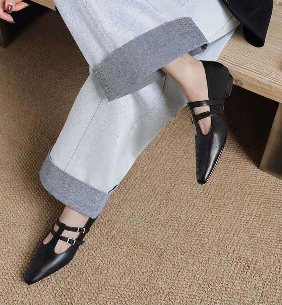 Thumbnail: Brushed off pointy calf leather double adjust straps brogue Mary Janes