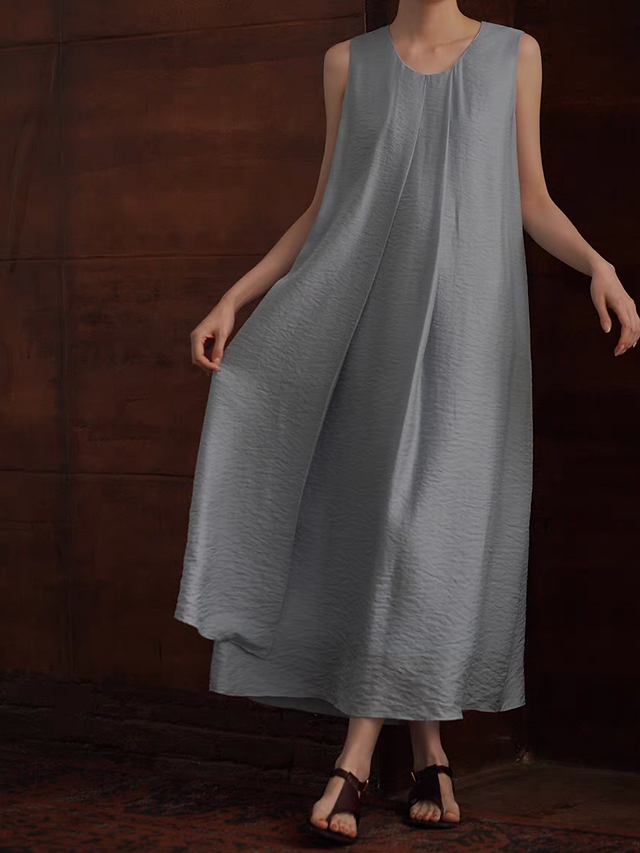 Greyish blue belted pleated tencel poly layered sleeveless dress 5