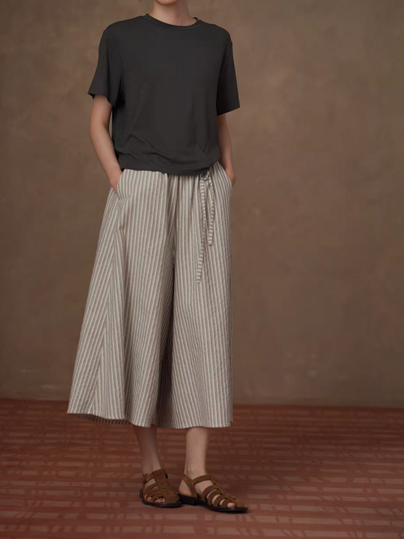 Elasticated drawstring embossed linen cotton flare pants 3