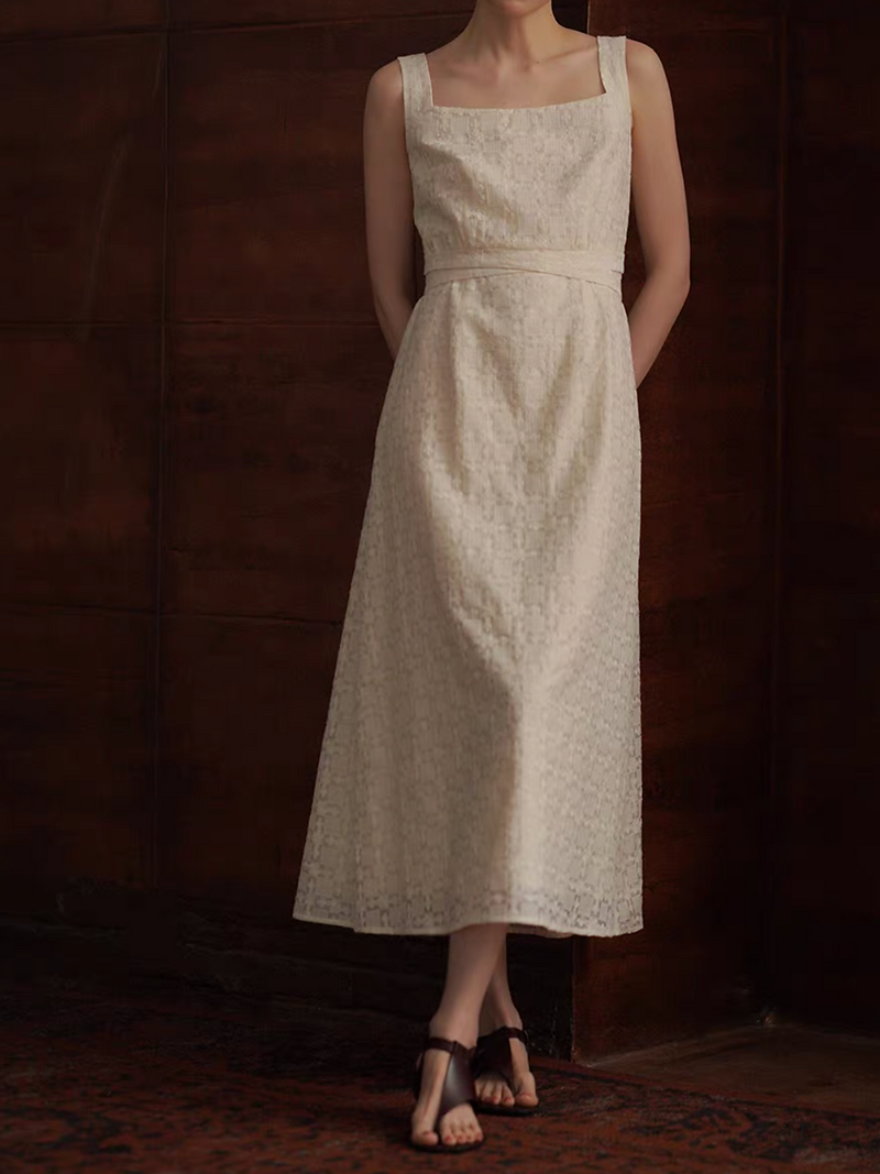 Ivory crochet embroidered cotton rayon belted sleeveless dress 6