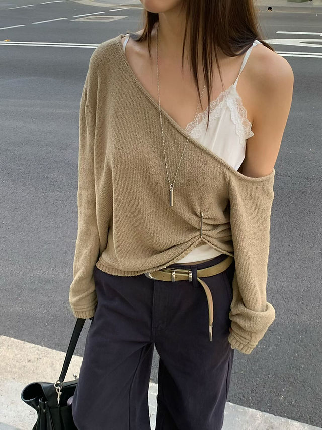 Asymmetric one shoulder wool poly knitted ruffled trim jumper 1