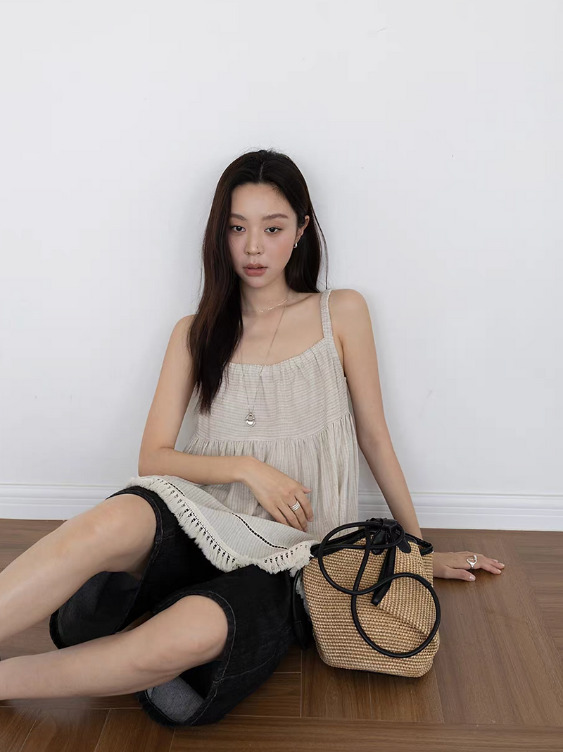 Elasticated straps tassels trim linen tencel flare checker camisole 13