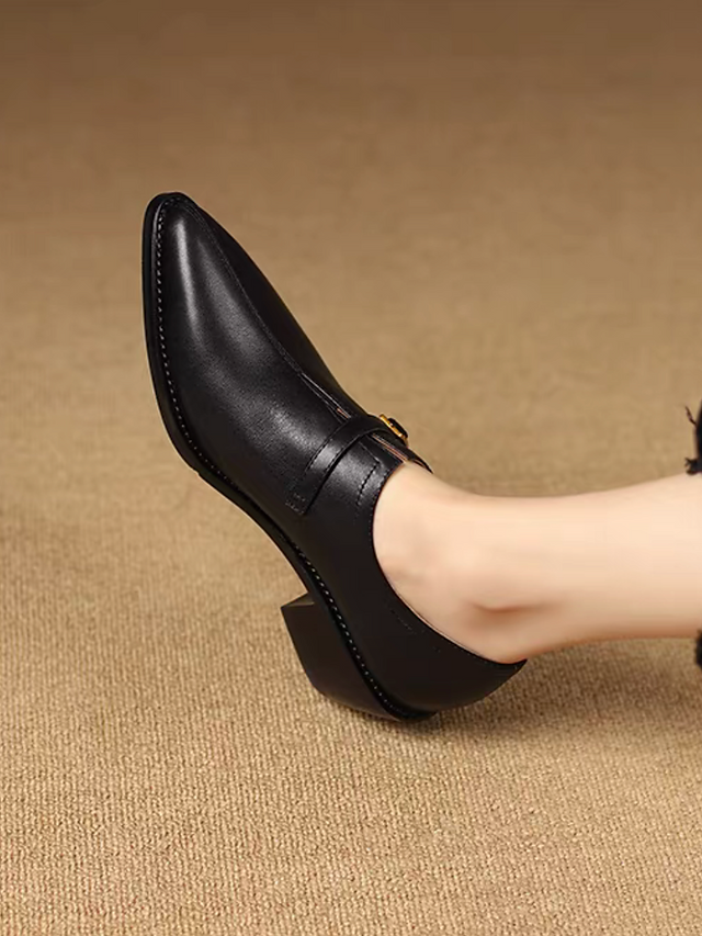 Thin buckle strap pointy calf leather wood heel loafers 12