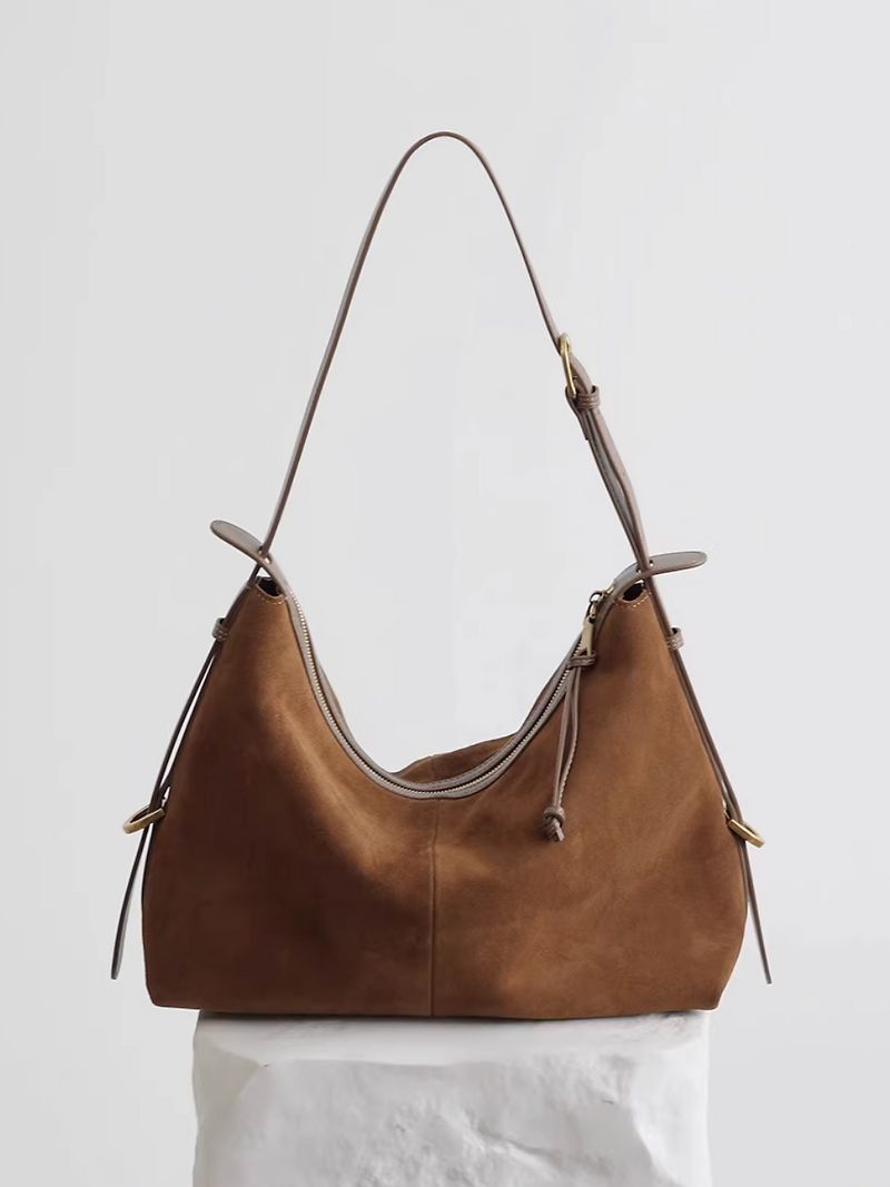 Caramel suede calf leather zipper drape shoulder + crossbody bag 14