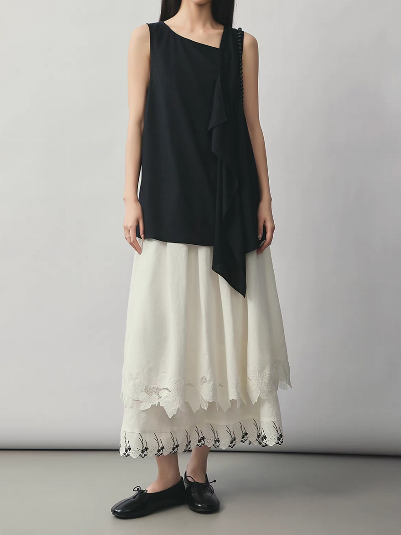 Floral crochet trim cotton linen layered music notes elasticated skirt 5