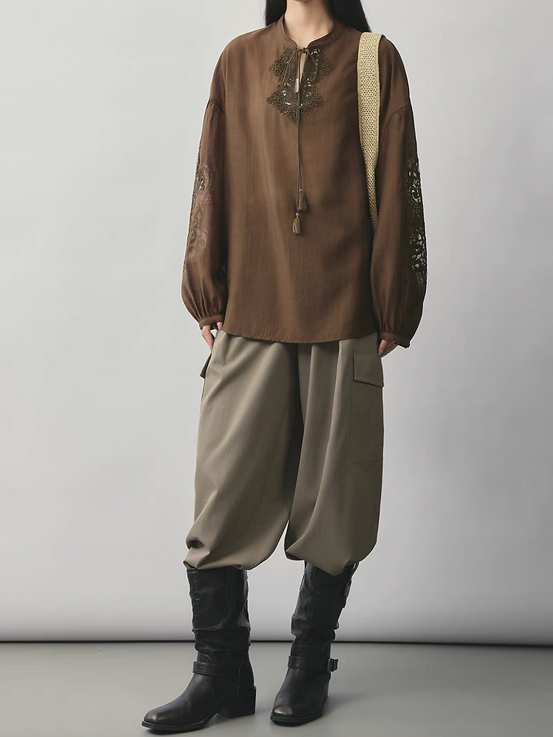 High waisted khaki cotton rayon cargo pants 5