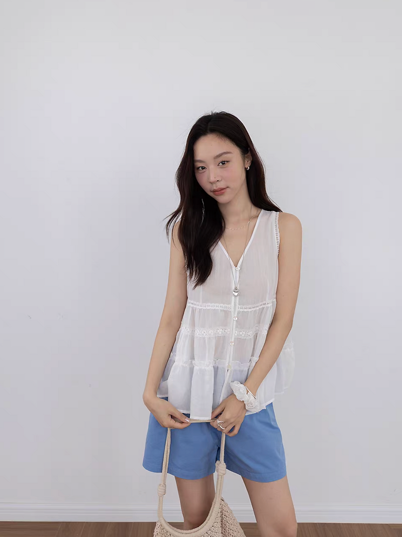 Lyocell tencel linen laced trim V neck sheer vest 11
