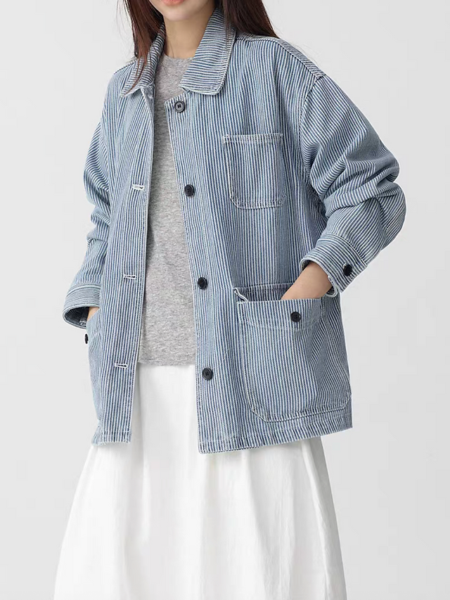 Striped cotton denim mid length side pocket jacket 6