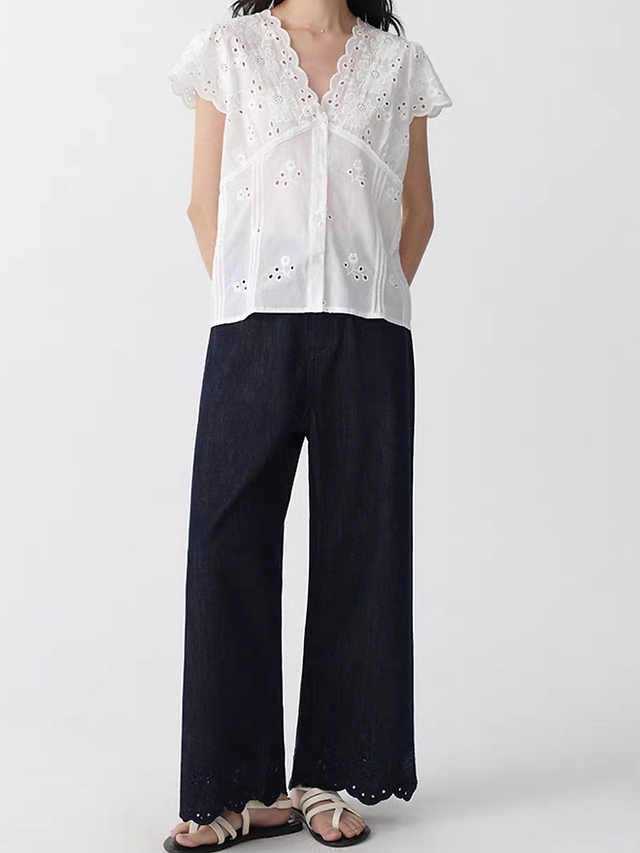 Crochet trim cotton lyocell high waisted denim pants 3