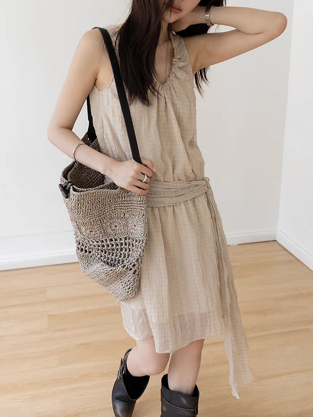 Checker poly sheer beige collaratte +sleeveless drawstring lined dress set 4