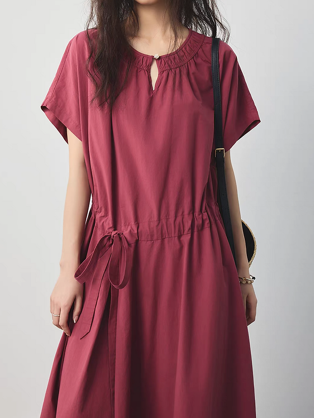 Raspberry rosy side drawstring detailed buttoned pure cotton midi dress 5