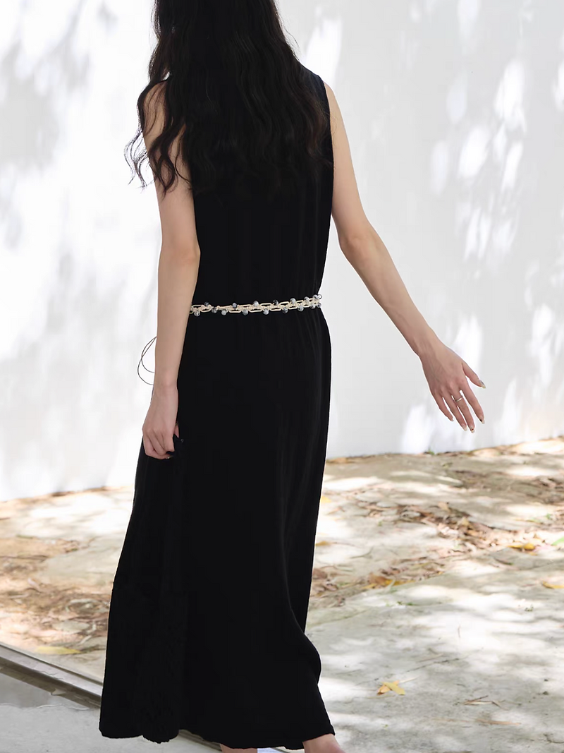 Black U neck white trim knitted linen cotton sleeveless dress 7