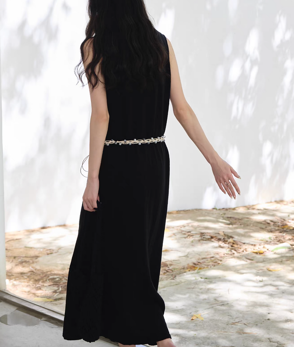 Thumbnail: Black U neck white trim knitted linen cotton sleeveless dress