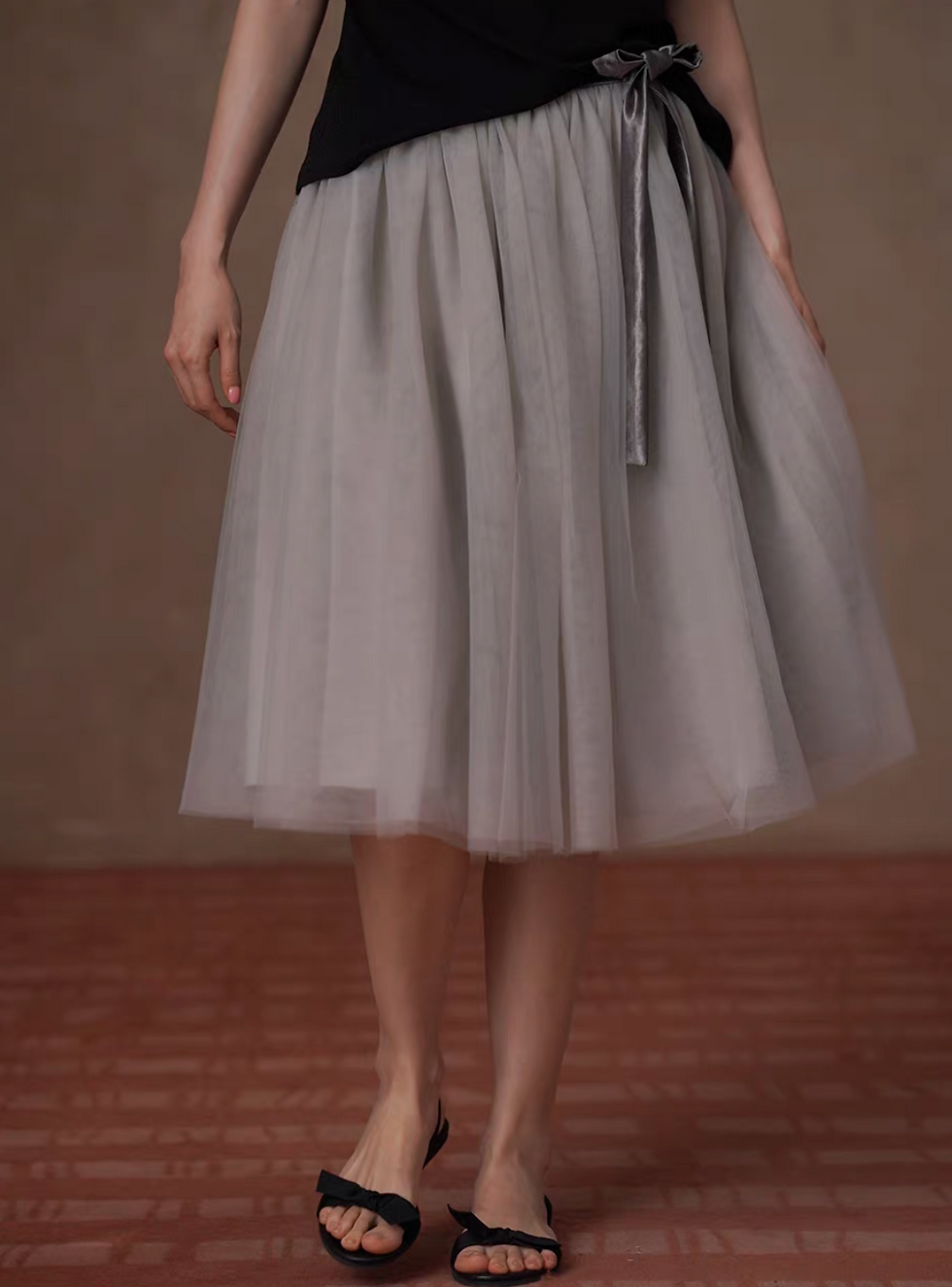 Thumbnail: High waisted zipper beige grey organza valour belt table skirt