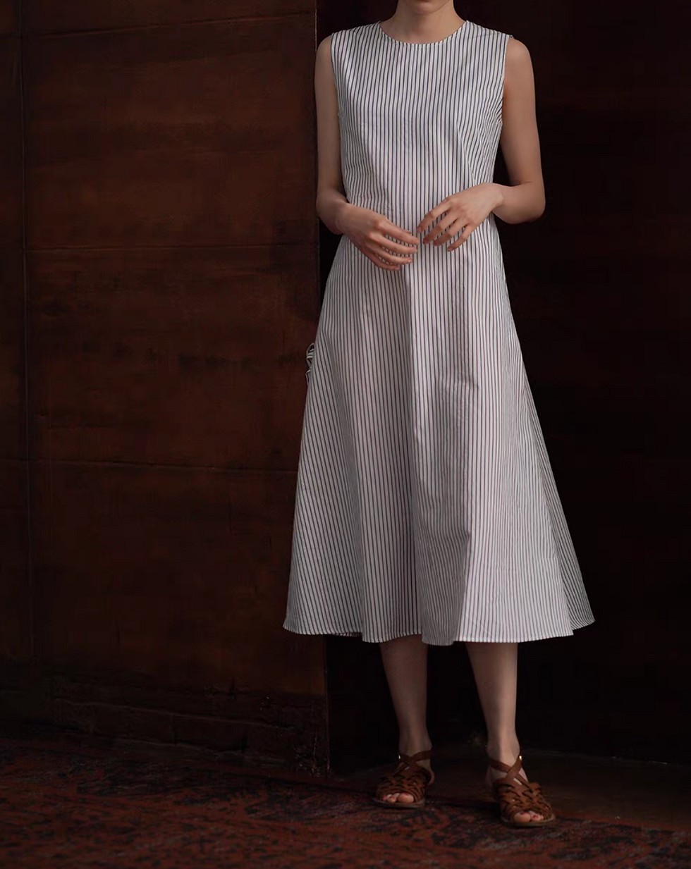 Thumbnail: Side straps blue stripes cotton sleeveless dress