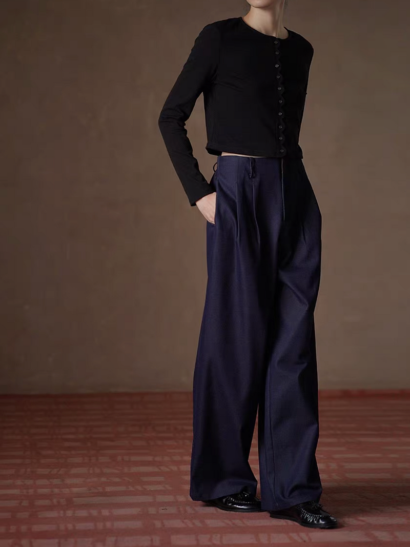 High waisted back elasticated tencel denim pleated straight pants 1