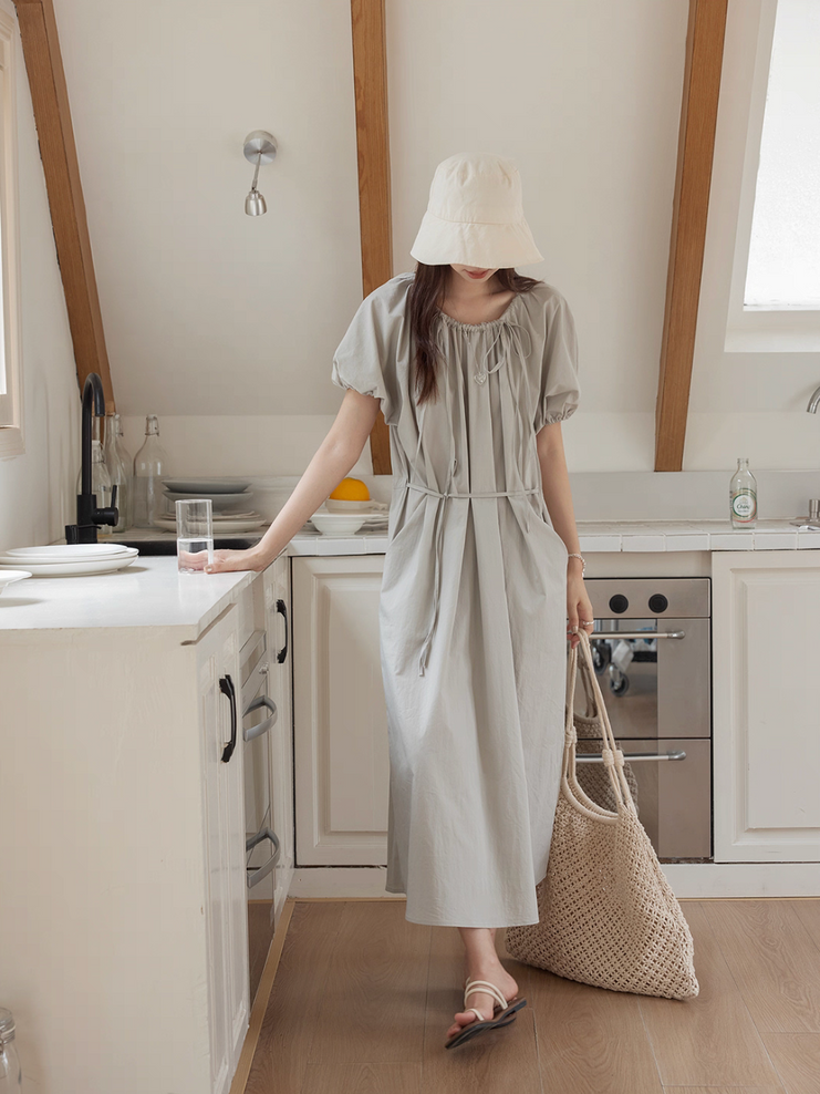 Shoulder drawstrings cotton puff sleeves side pockets dress 6