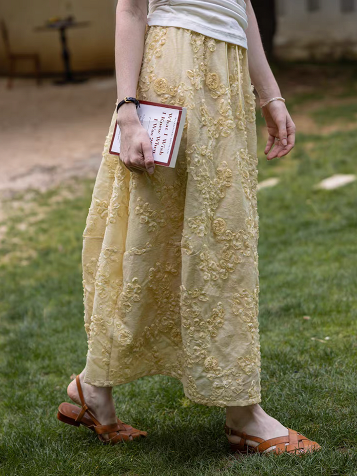 Embossed floral mustard yellow drawstring elasticated tencel linen skirt 15