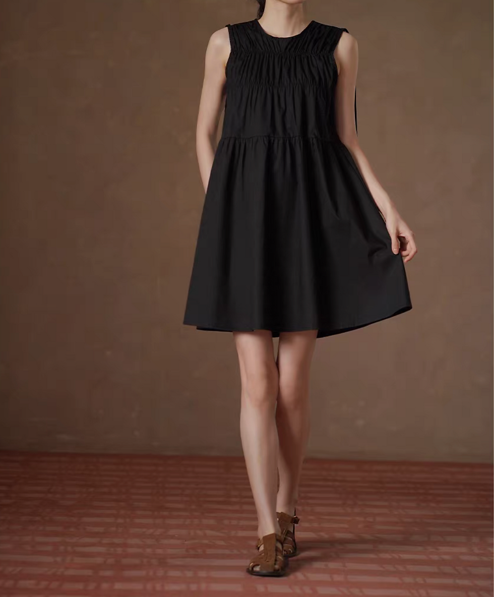 Thumbnail: Pure cotton ruffled drawstring sleeveless dress