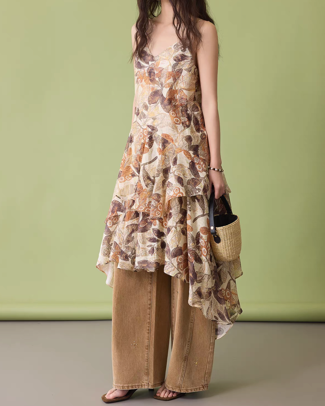 Asymmetric ruffles V neck cotton linen rayon leafy patterned slipdress