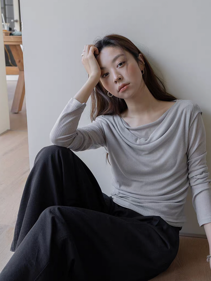 Drape collar poly tencel blouse 2