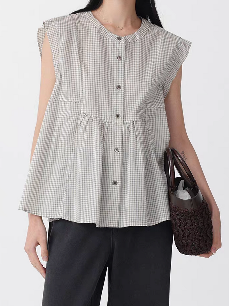 Grey checker cotton shell buttoned flare peplum blouse 1