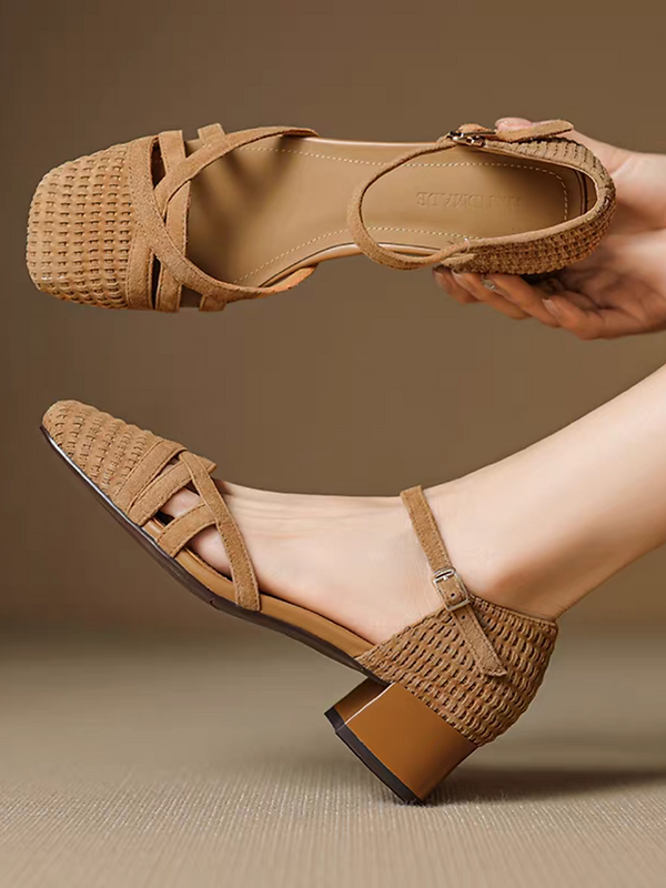 Lambskin suede weaved overlapping layers ankle strap low heels