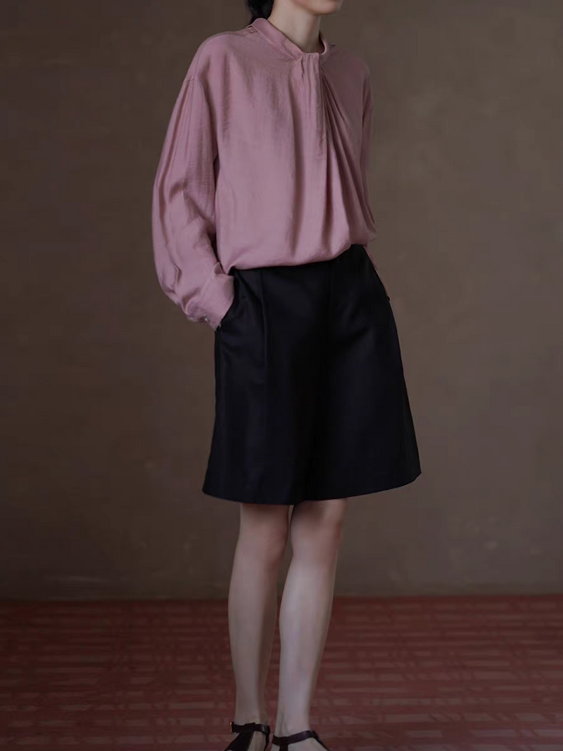 Twist pleats collar rosy poly rayon longsleeved blouse 8