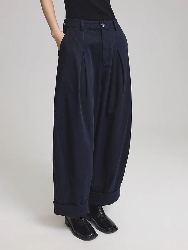 Navy stitched trim lyocell linen cotton pleated barrel relaxed cut pants 1