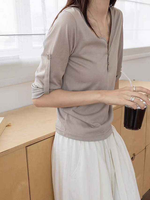 V neck buttoned strap tencel cotton two way tee 15
