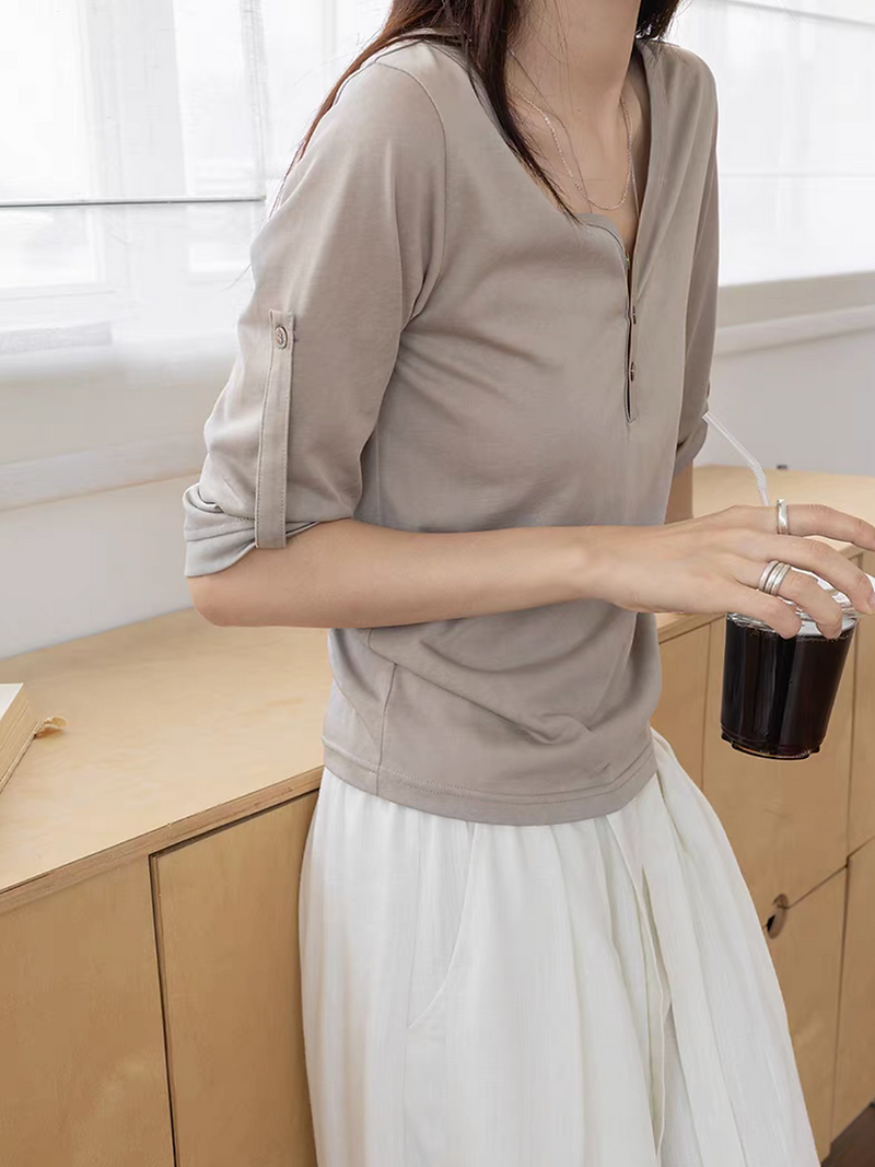 V neck buttoned strap tencel cotton two way tee 15