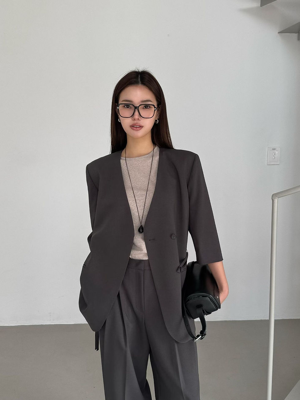 Thumbnail: Side belted V neck cotton poly spandex mid length blazer jacket 