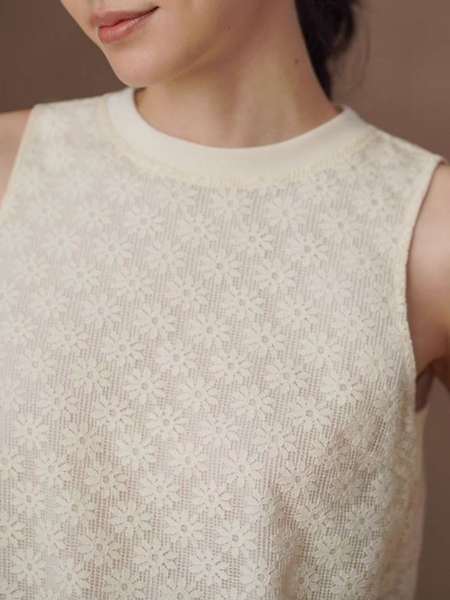 Daisies patterned crochet crewneck cotton tencel rayon ivory vest 5