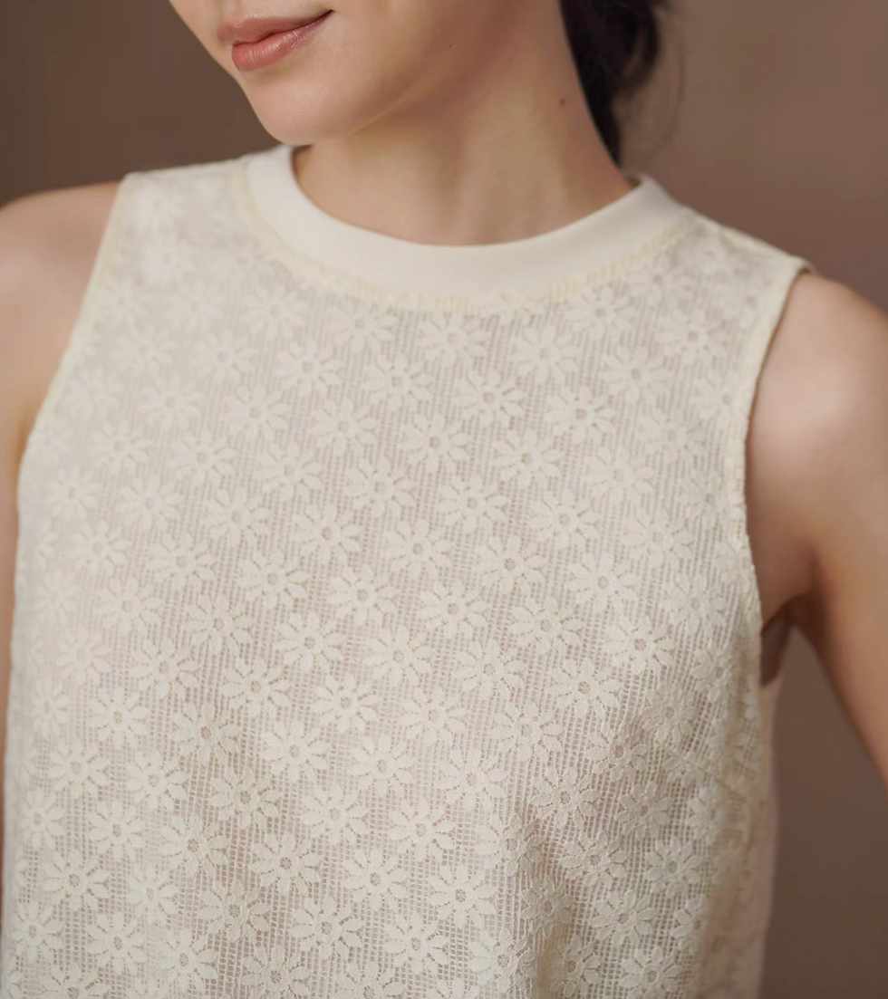 Thumbnail: Daisies patterned crochet crewneck cotton tencel rayon ivory vest