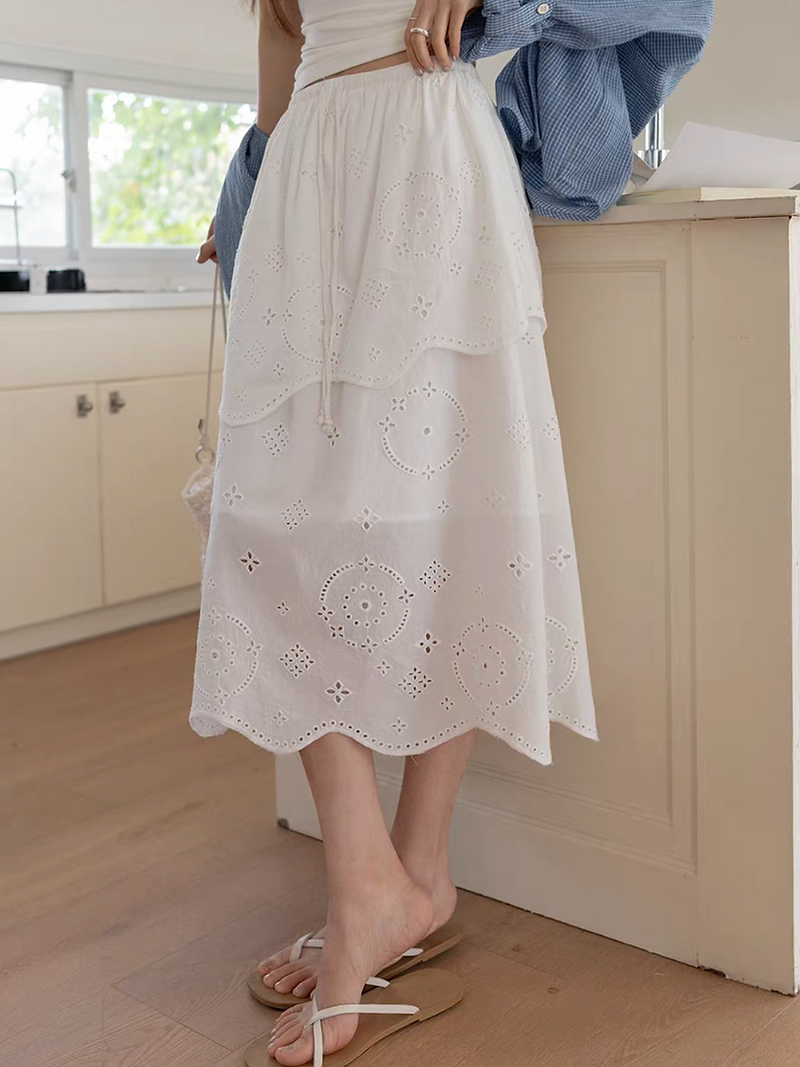 High waisted drawstring white cotton wavy layers crochet lace floral skirt 8