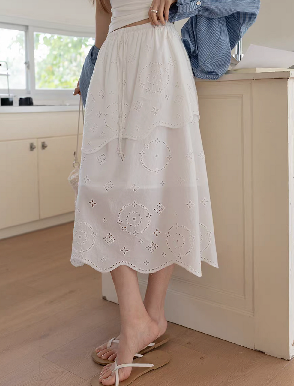 Thumbnail: High waisted drawstring white cotton wavy layers crochet lace floral skirt