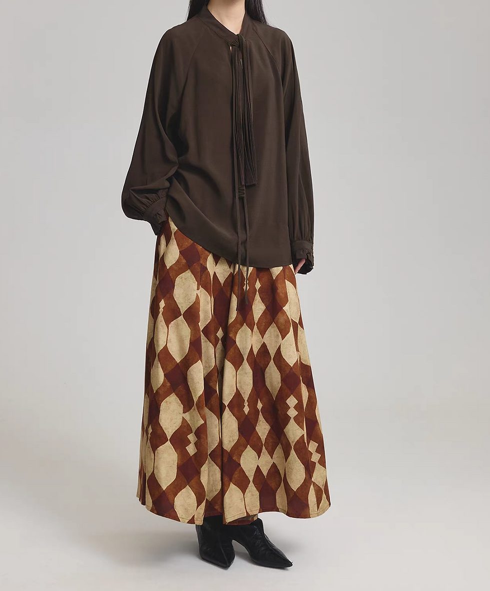 Thumbnail: High waisted camel beige color patterned tencel rayon side pockets table skirt