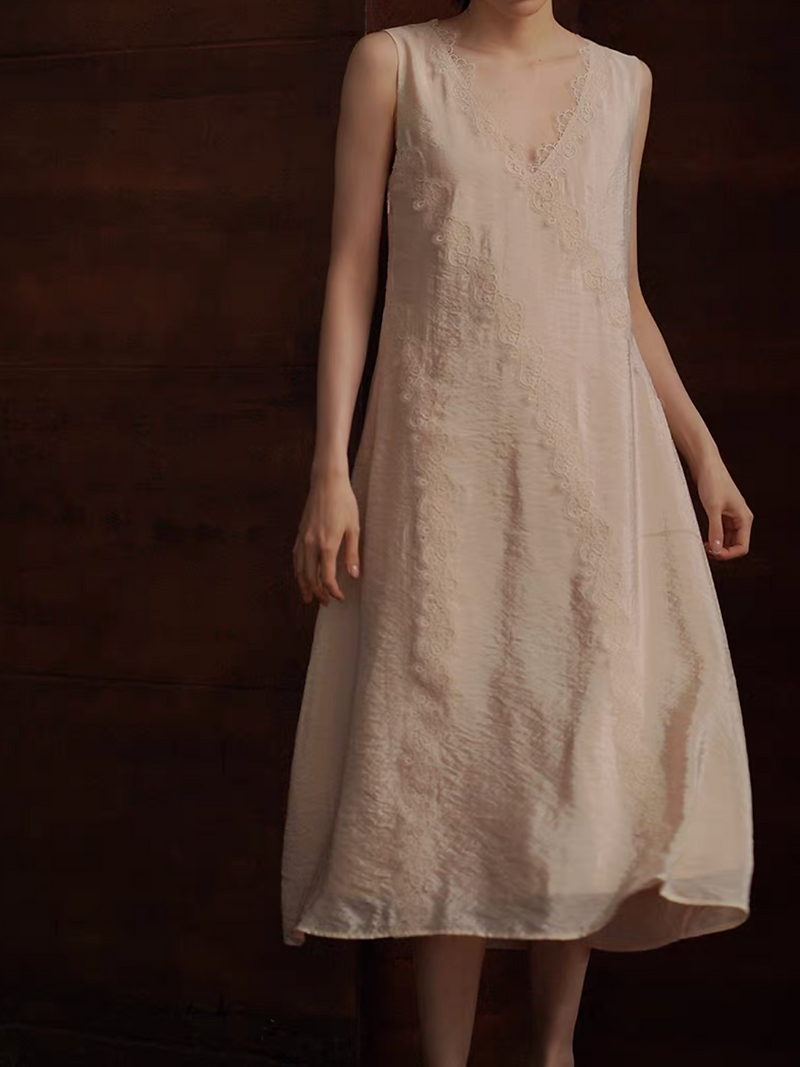 Beige laced trim V neck embossed tencel poly sleeveless dress 8