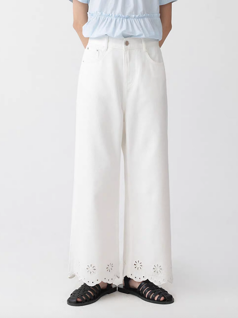 Crochet trim cotton lyocell high waisted denim pants 10
