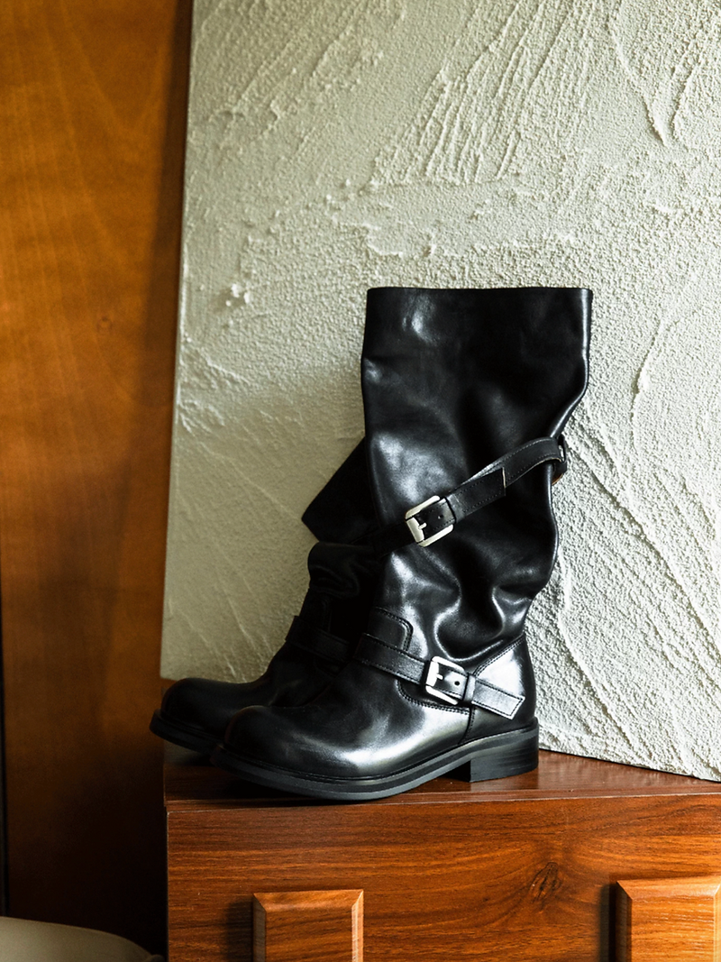 Made in Italy Italian brushed off calf leather double buckles straps knee boots 7